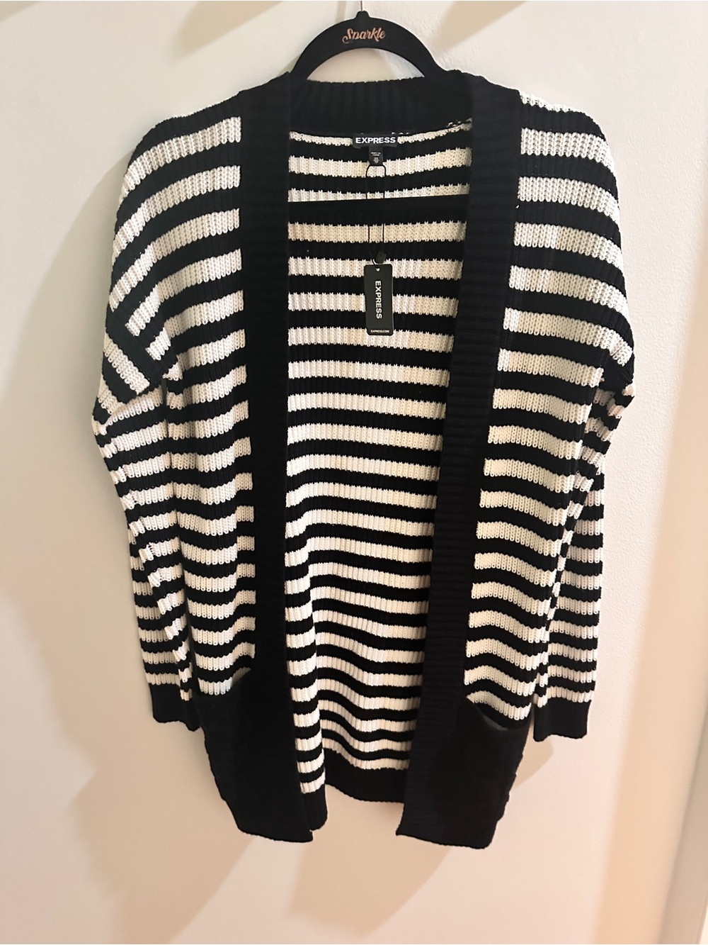 Express Black and White Striped Open-Front Cardigan